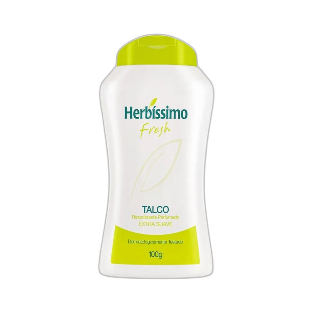 Talco Herbíssimo Fresh em embalagem branca com tampa verde-limão, destacando frescor e cuidado para a pele